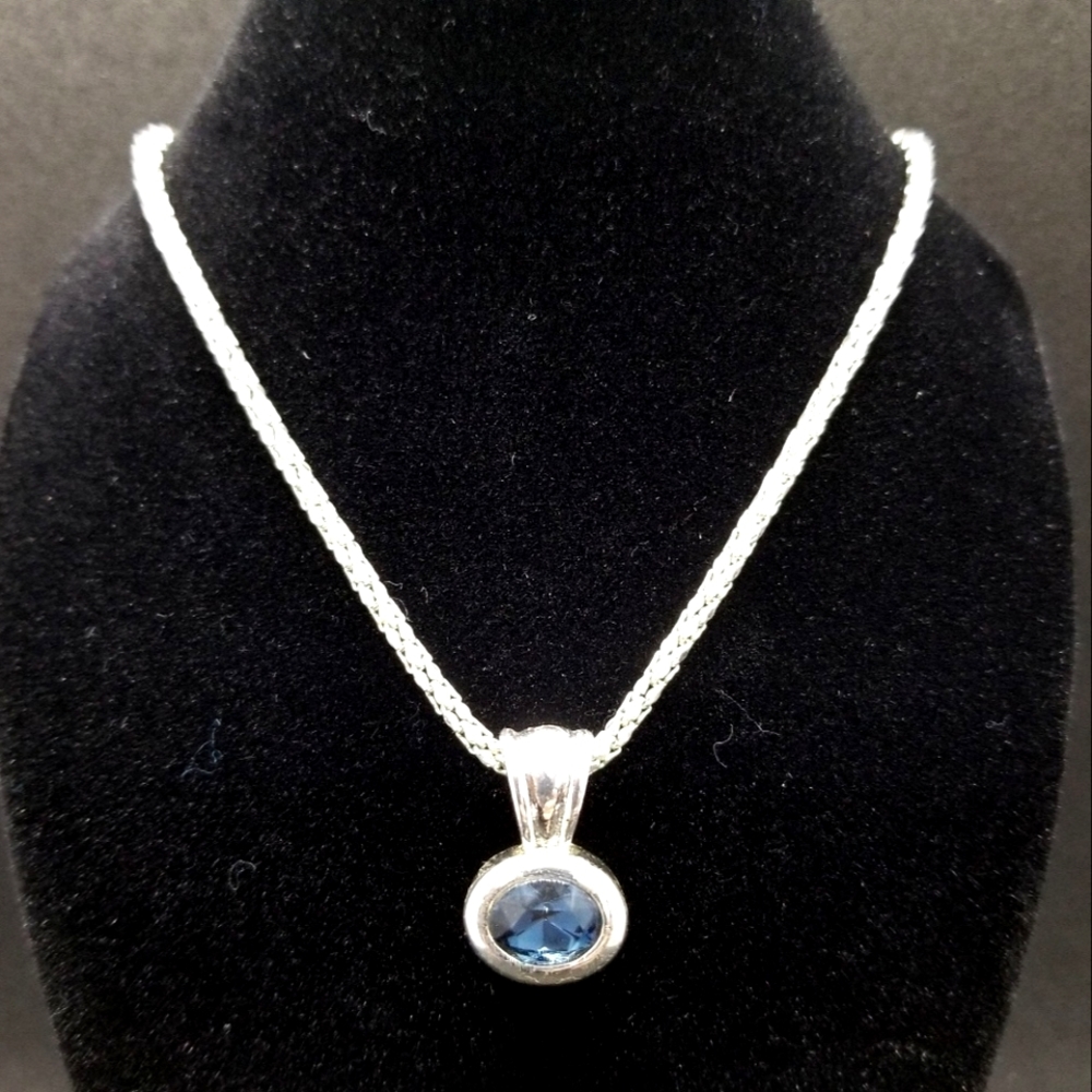 "Sapphire" silver-tone pendant w/ 16" chain